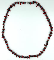 Natural Red Coral Gemstone Tumbled Chips and Black Pearls Long Beaded Necklace