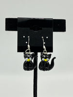 Lampworked Glass3D Sitting Black Cat Sterling Silver Dangle Earrings