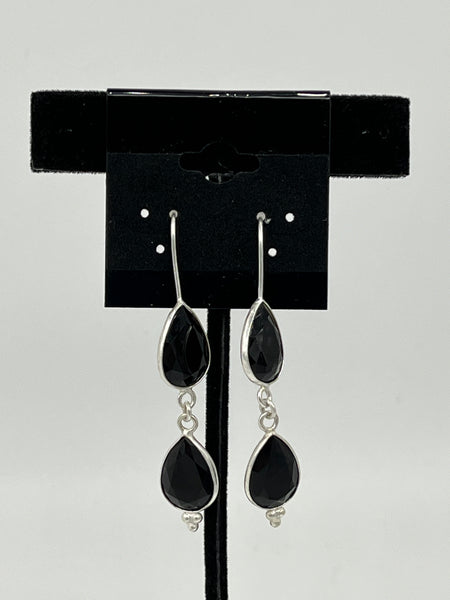 Natural Black Spinel Gemstone Faceted Teardrops Sterling Silver Dangle Earrings