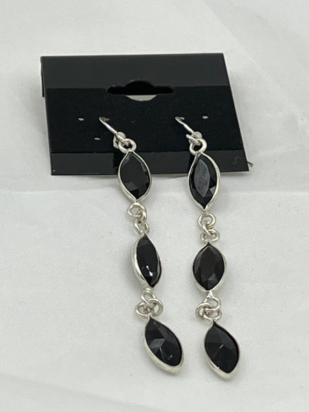 Natural Black Spinel Gemstone Pointed Ovals Sterling Silver Dangle Earrings