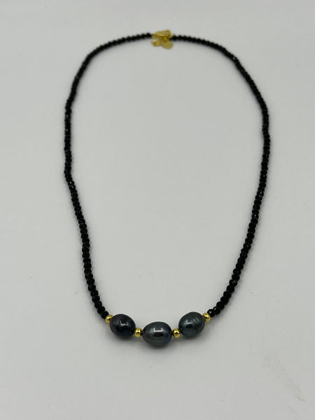 Natural Black Spinel Gemstone Rondelle & Black Pearl Beaded Adjustable Necklace