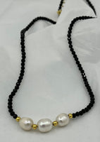 Natural Black Spinel and White Pearl Gemstone Dainty Adjustable Beaded Necklace
