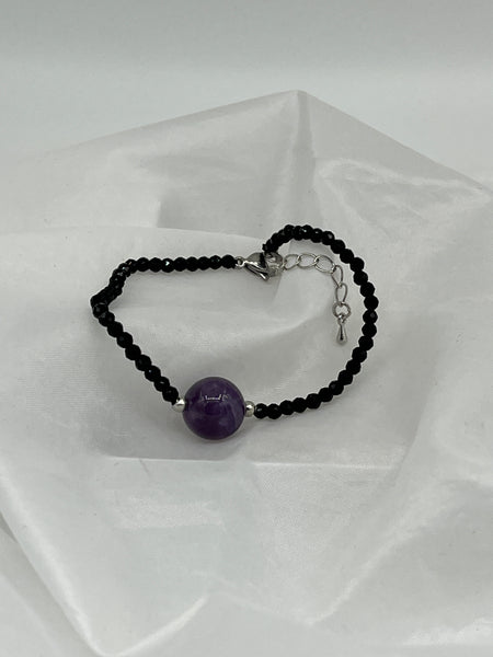 Natural Black Spinel And Amethyst Gemstone Round Beaded Adjustable Bracelet