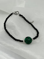 Natural Black Spinel and Malachite Gemstone Round Beaded Adjustable Bracelet