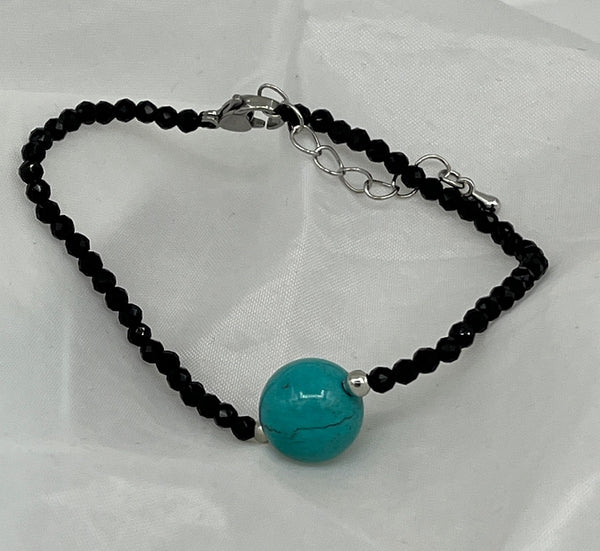 Natural Black Spinel and Turquoise Gemstone Round Beaded Adjustable Bracelet