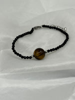 Natural Black Spinel and Tiger Eye Gemstone Round Beaded Adjustable Bracelet