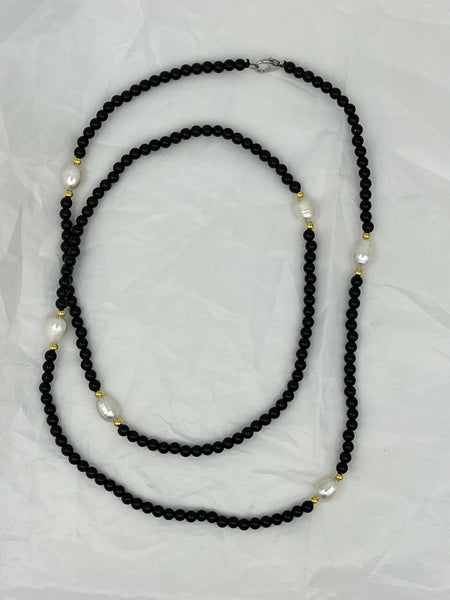 Natural Black Onyx & Pearl Gemstone Faceted Round and Rice Long Beaded Necklace