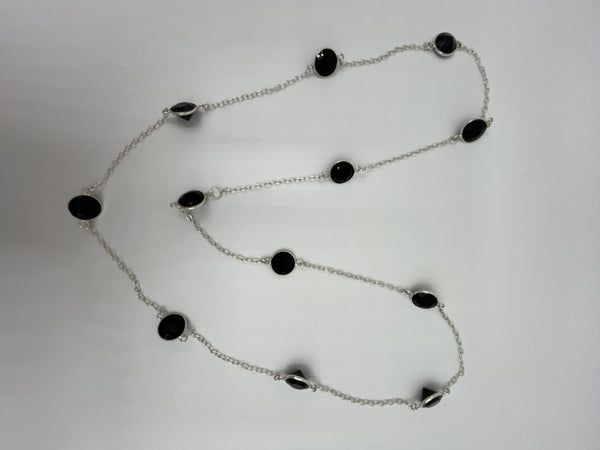 Natural Black Spinel Gemstone Faceted Round 36" Sterling Silver Station Necklace