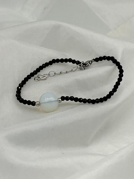 Natural Black Spinel and White Opal Gemstone Round Beaded Adjustable Bracelet