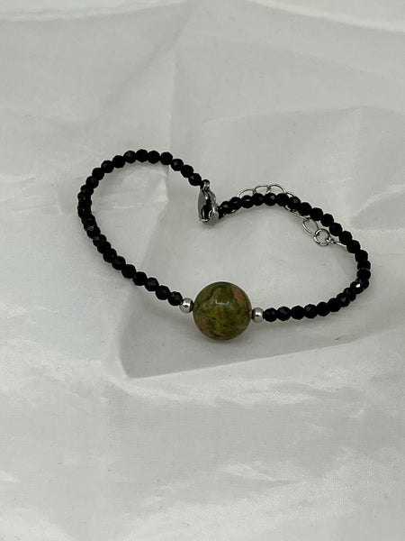 Natural Black Spinel and Unakite Gemstone Dainty Beaded Adjustable Bracelet