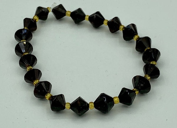 Natural Black Tourmaline Gemstone Faceted Bicone & Gold Beaded Stretch Bracelet