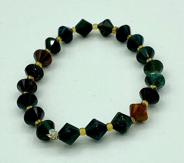 Natural Bloodstone Gemstone Faceted Bicone and Gold Beaded Stretch Bracelet