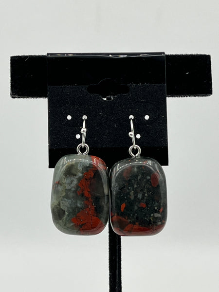 Natural Bloodstone Gemstone Tumbled Rectangle Sterling Silver Dangle Earrings