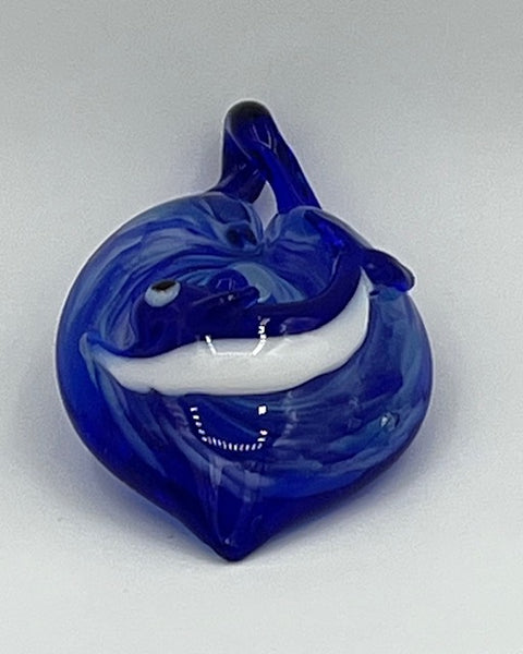Blue and White Lampworked Glass 3D Dolphin and Heart Pendant