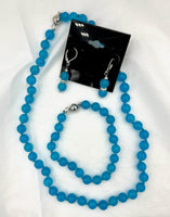 Natural Blue Chalcedony Gemstone Round Beaded Necklace Bracelet and Earrings Set