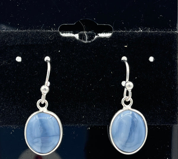 Natural Blue Chalcedony Gemstone Oval Cabochon Sterling Silver Dangle Earrings