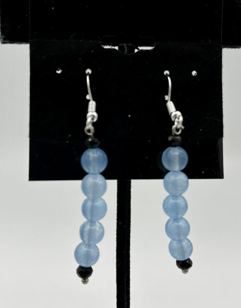 Natural Blue Chalcedony Gemstone 6 MM Round Beaded Long Dangle Earrings