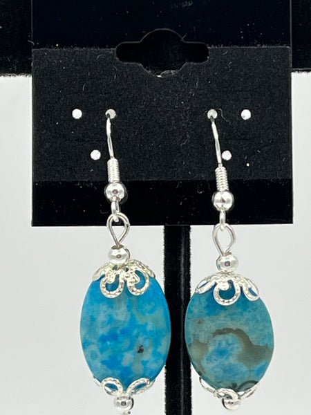 Natural Blue Crazy Lace Agate Gemstone Beaded Sterling Silver Dangle Earrings