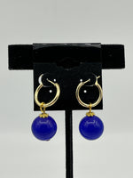 Blue Glass 12 MM Round Beaded Gold Tone Hoop Dangle Earrings