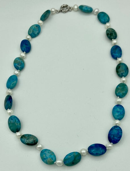Natural Blue Lace Agate Gemstone Oval and Pearl Beaded Necklace