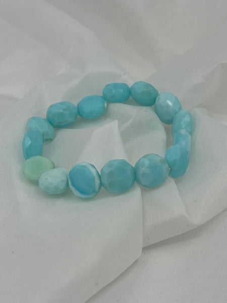 Natural Blue Opal Gemstone Chunky Faceted Disks Beaded Stretch BraceletNatural Blue Opal Gemstone Chunky Faceted Disks Beaded Stretch Bracelet