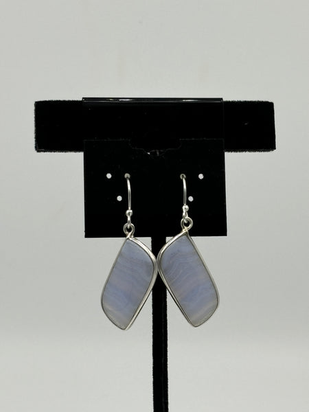 Natural Blue Opal Gemstone Curved Rectangle Sterling Silver Dangle Earrings