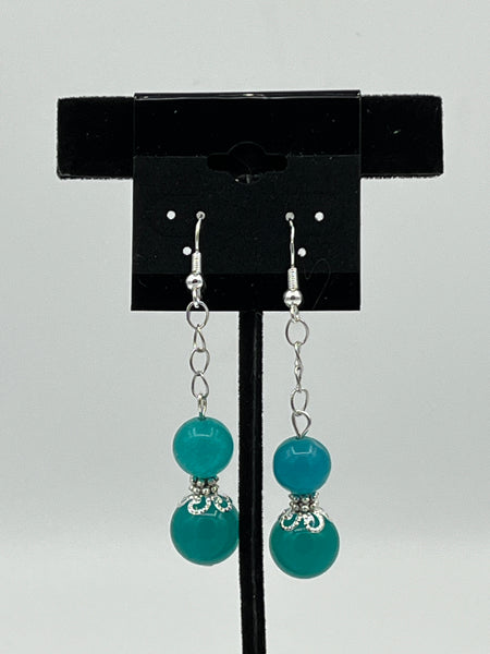 Natural Blue Topaz Gemstone Chunky Round Beaded Sterling Silver Dangle Earrings