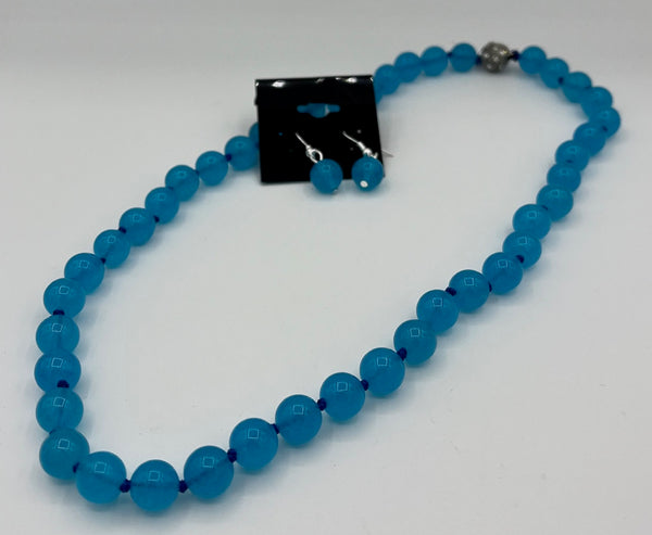 Natural Blue Topaz Gemstone 10MM Round Beaded Necklace and Dangle Earrings Set