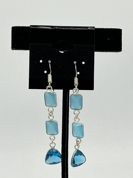 Natural Blue Topaz Gemstone Square and Triangle Sterling Silver Dangle Earrings