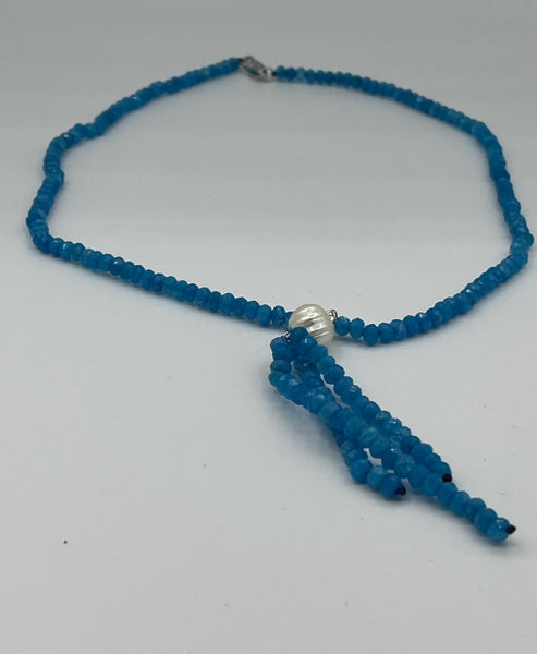 Natural Blue Topaz Faceted Rondelle and White Pearl Gemstone Beaded Tassel Necklace