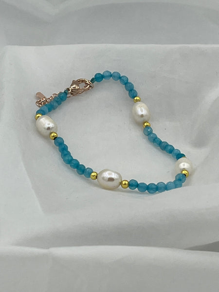 Natural Blue Topaz Round and White Pearl Gemstone Beaded Adjustable Bracelet