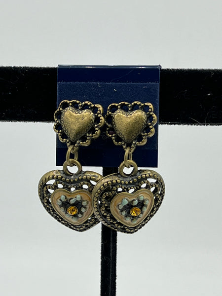 2 Tone Bronze Double Heart Post Dangle Earrings with Gold Accent