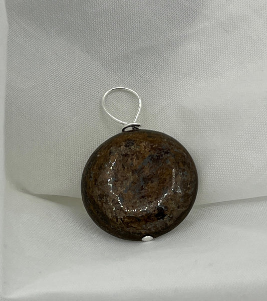 Natural Bronzite Gemstone Carved Puffed Coin Pendant