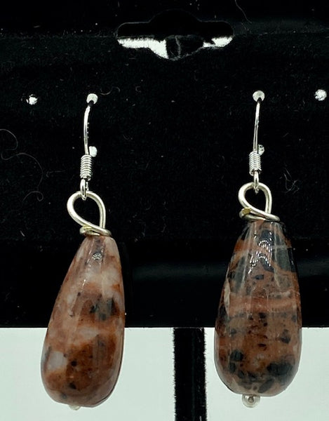 Natural Brown Agate Gemstone Teardrops Beaded Sterling Silver Dangle Earrings