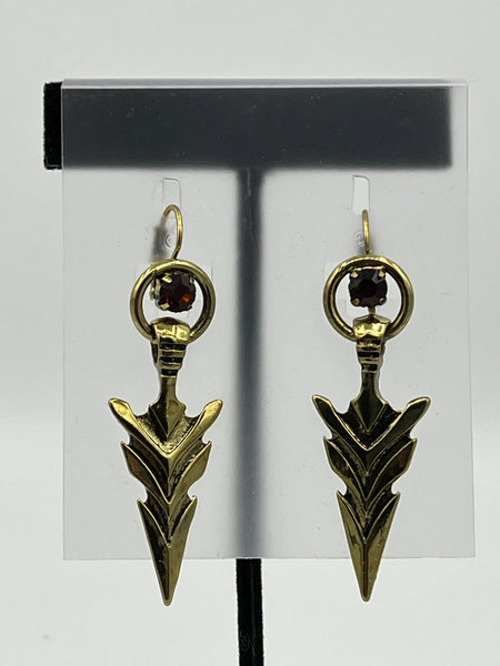 Large Gold Tone Arrowhead with Brown Crystal Leverback Dangle Earrings