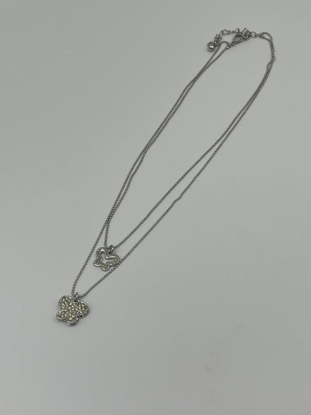 Silvertone & Yellow CZ 2 Strand Adjustable Chain Necklace w/Butterfly Pendants