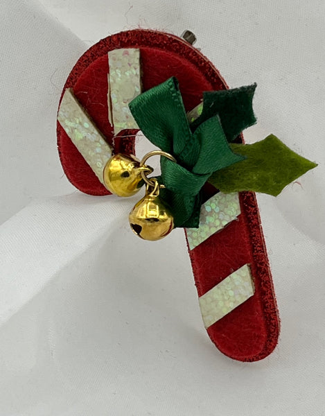 Red Green and White Felt Christmas Candy Cane Pin Brooch with Jingle Bells