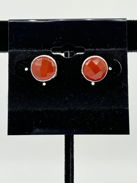 Natural Carnelian Gemstone Faceted Round Sterling Silver Stud Earrings
