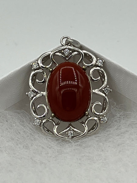 Natural Carnelian Gemstone and CZ Oval Cabochon Sterling Silver Pendant