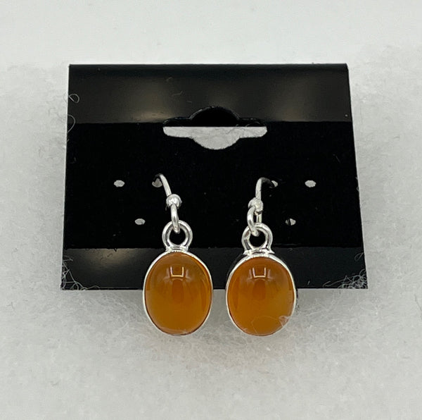 Natural Carnelian Gemstone Oval Cabochon Sterling Silver Dangle Earrings