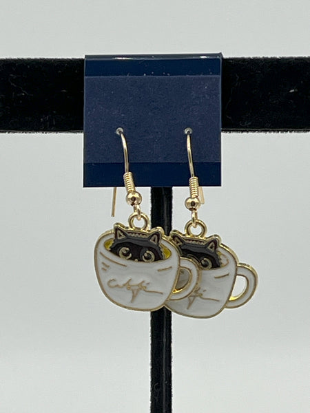 Cute Enamel Black Cat in White Teacup Charm Gold Tone Dangle Earrings