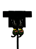 Silver Tone Enamel Black Cat with Flowers Charm Dangle Earrings