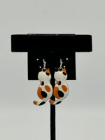 Silver Tone Enamel Calico Cat Charm Dangle Earrings with Sterling Silver Hooks
