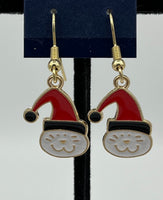 Goldtone Christmas Cat Face in Santa Hat Charm Dangle Earrings