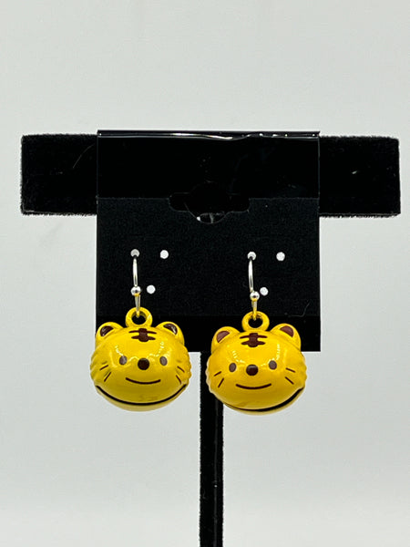 Yellow Enameled Metal 3D Kitty Cat Jingle Bell Sterling Silver Dangle Earrings