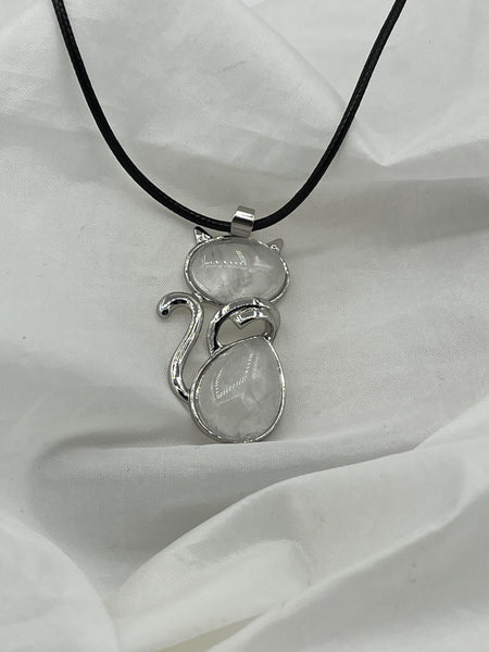 Natural Clear Quartz Gemstone and Silvertone Cat Pendant on Adjustable Cord