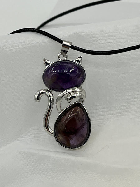 Natural Amethyst Gemstone Cabochon and Silvertone Cat Pendant on Adjustable Cord