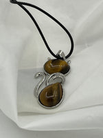 Natural Tiger Eye Gemstone and Silvertone Cat Pendant on Adjustable Cord