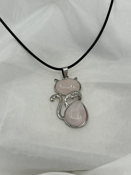 Natural Rose Quartz Gemstone and Silvertone Cat Pendant on Adjustable Cord