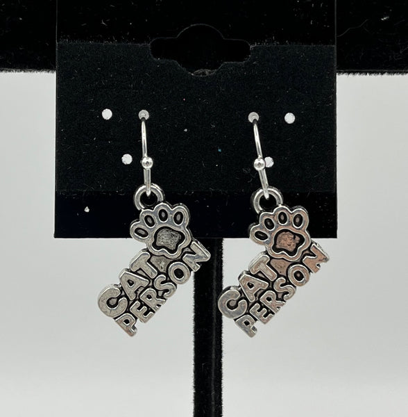 Silvertone Cat Person Charm Dangle Earrings with Sterling Silver Hooks